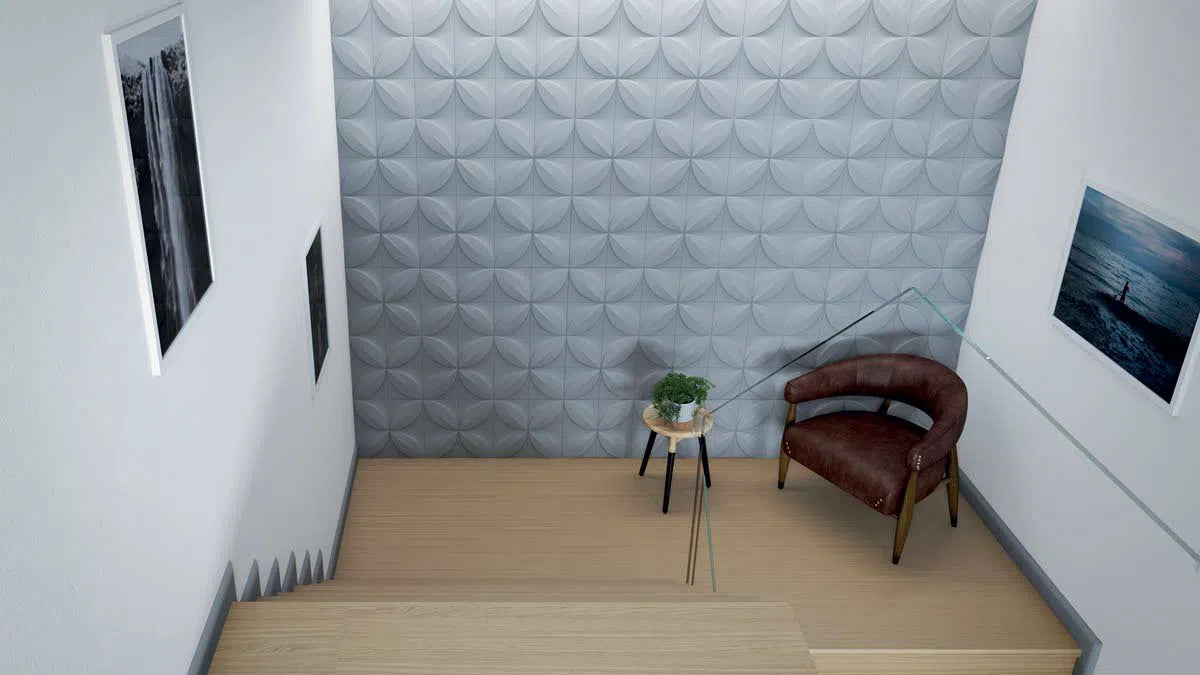 FLOWER 3D Wall panels ARSTYL® in a modern staircase, adding a unique and stylish touch to the wall | DecorMania UK